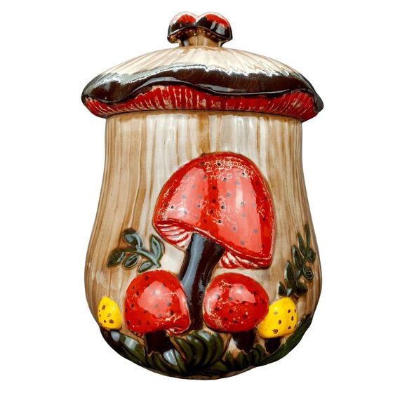 Arnel's Other - Vintage Mushroom Cookie Jar Orange Arnel's Hand Painted Ceramic Signed Canister